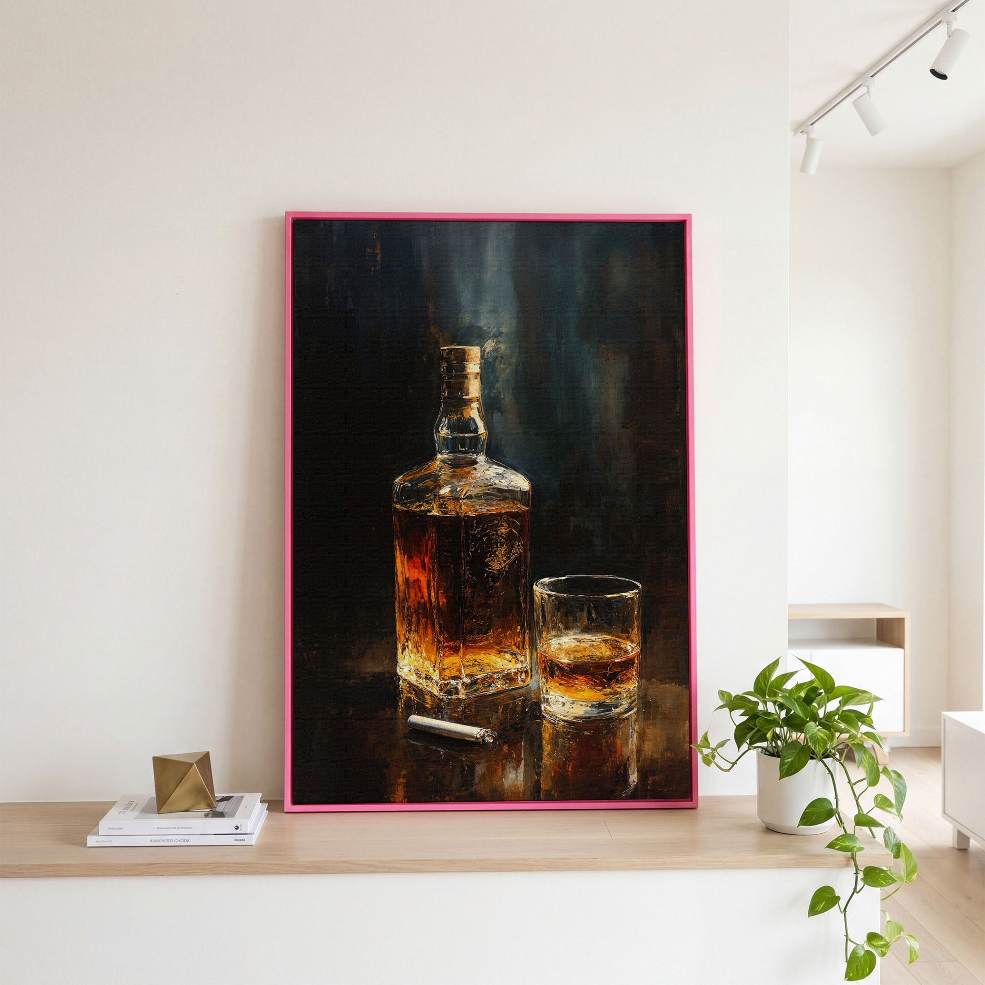 Whiskey and Cigar Canvas Print for Bar Walls in pink floating frame