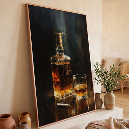 Whiskey and Cigar Canvas Print for Bar Walls in rose gold floating frame