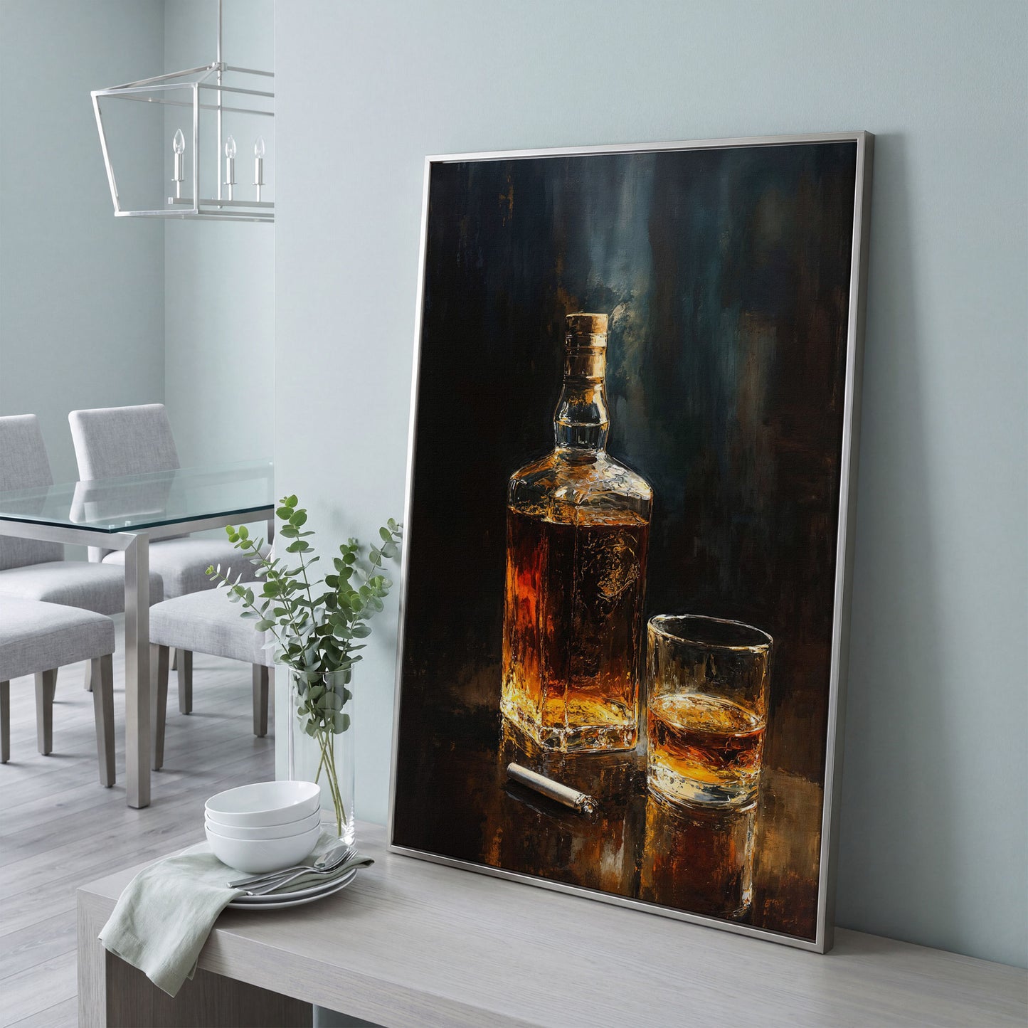 Whiskey and Cigar Canvas Print for Bar Walls in silver floating frame