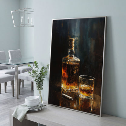 Whiskey and Cigar Canvas Print for Bar Walls in silver floating frame