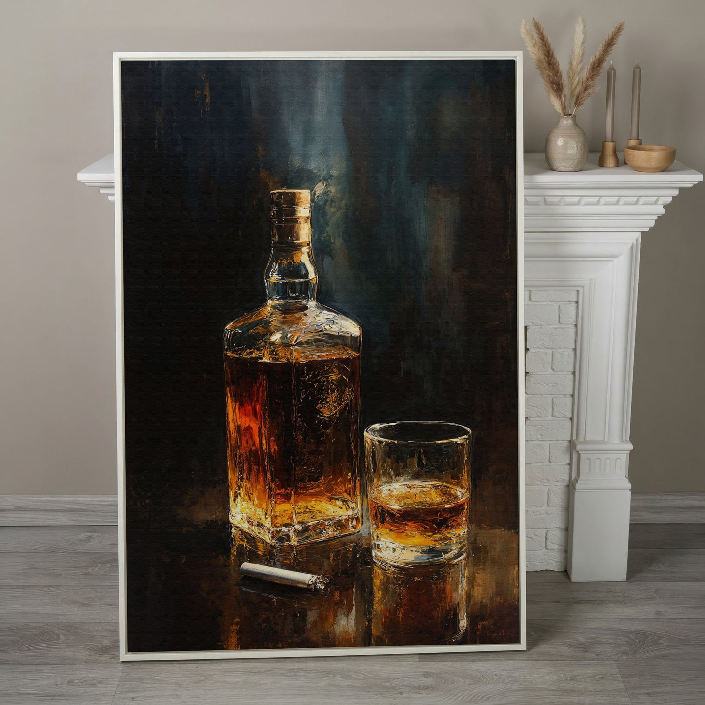 Whiskey and Cigar Canvas Print for Bar Walls in white floating frame