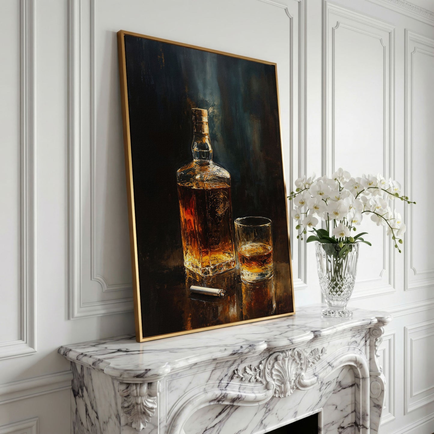 Whiskey and Cigar Canvas Print for Bar Walls in yellow gold floating frame