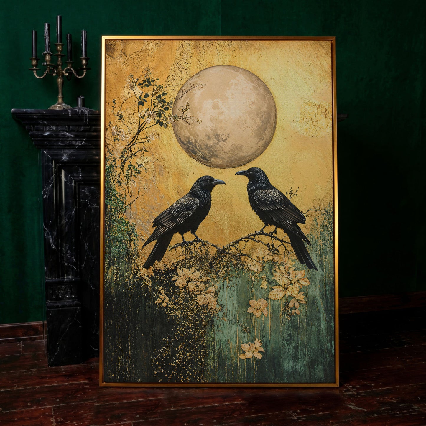 Two Ravens on a Branch, Full Moon Canvas Wall Art in antique gold floating frame