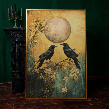 Two Ravens on a Branch, Full Moon Canvas Wall Art in antique gold floating frame