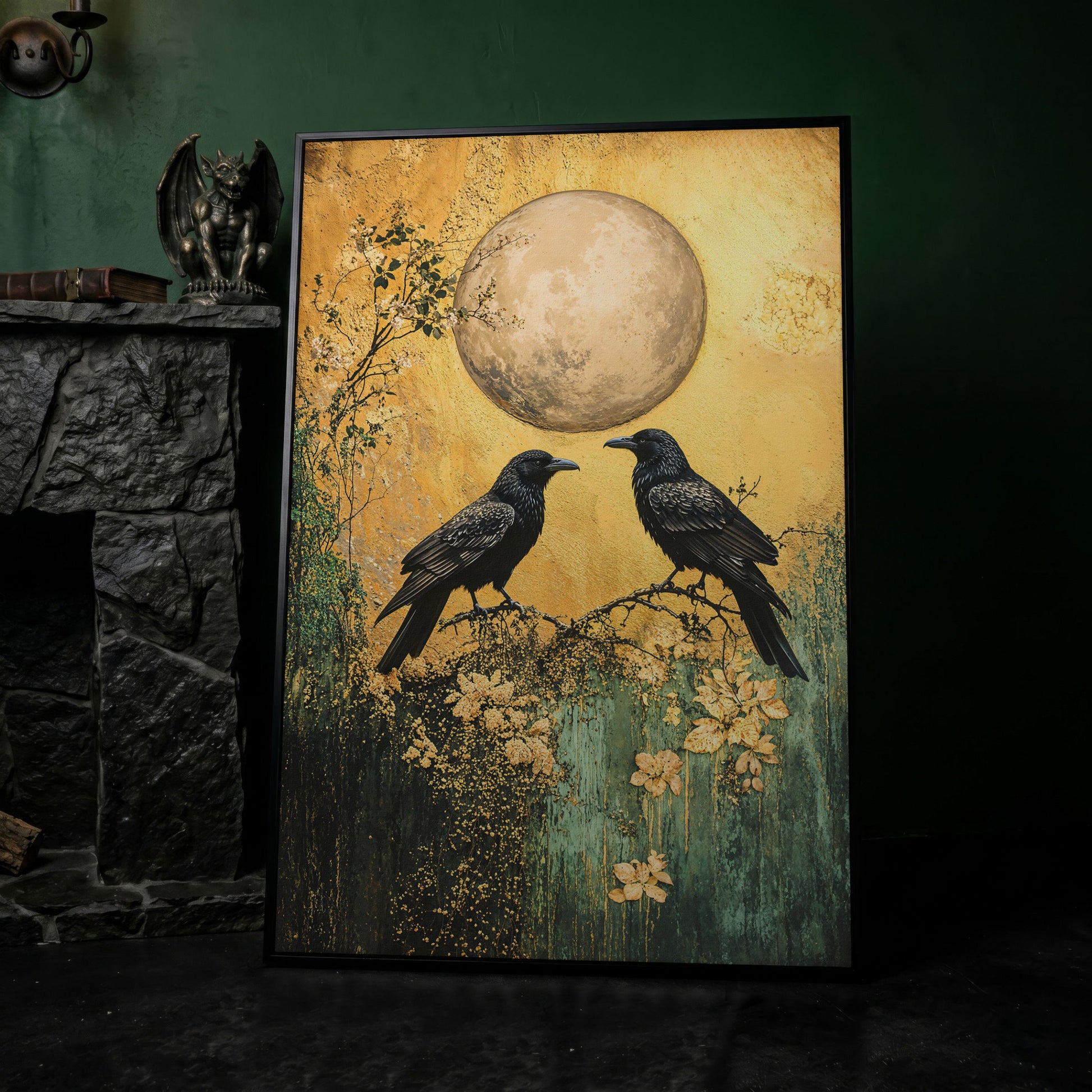 Two Ravens on a Branch, Full Moon Canvas Wall Art in black floating frame