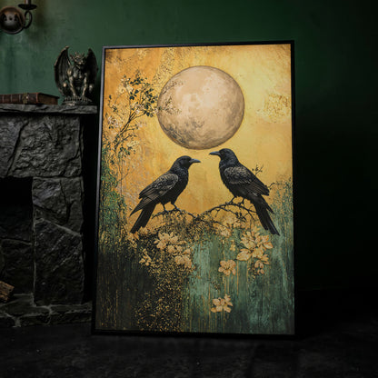 Two Ravens on a Branch, Full Moon Canvas Wall Art in black floating frame