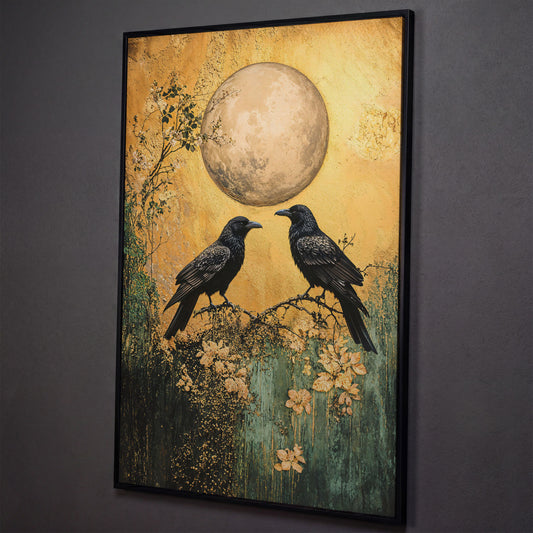 Two Ravens on a Branch, Full Moon Canvas Wall Art shown in black floating frame
