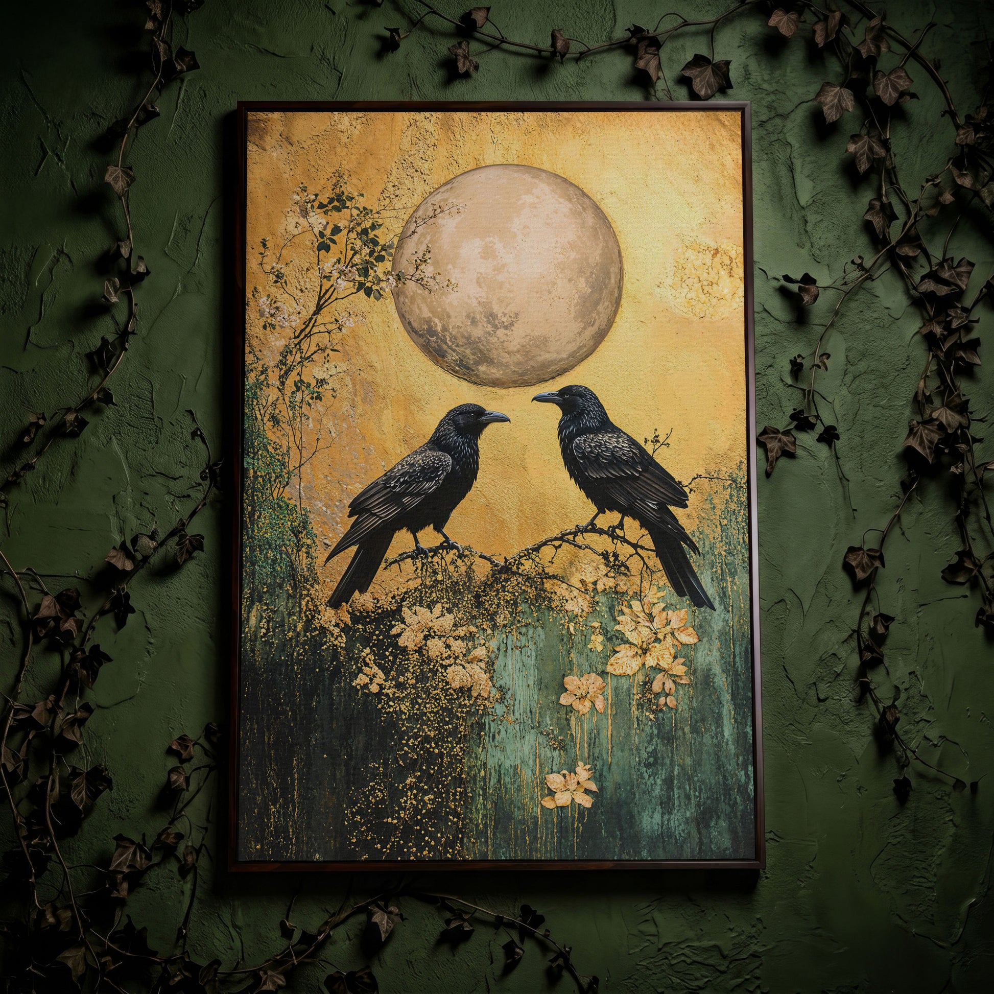 Two Ravens on a Branch, Full Moon Canvas Wall Art in dark walnut floating frame