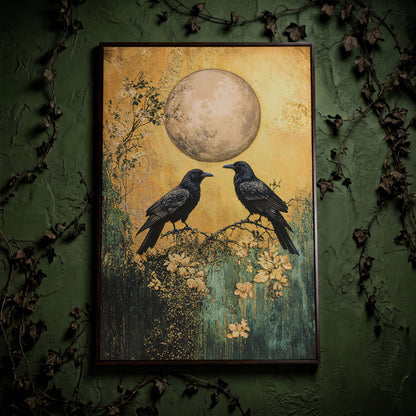 Two Ravens on a Branch, Full Moon Canvas Wall Art in dark walnut floating frame