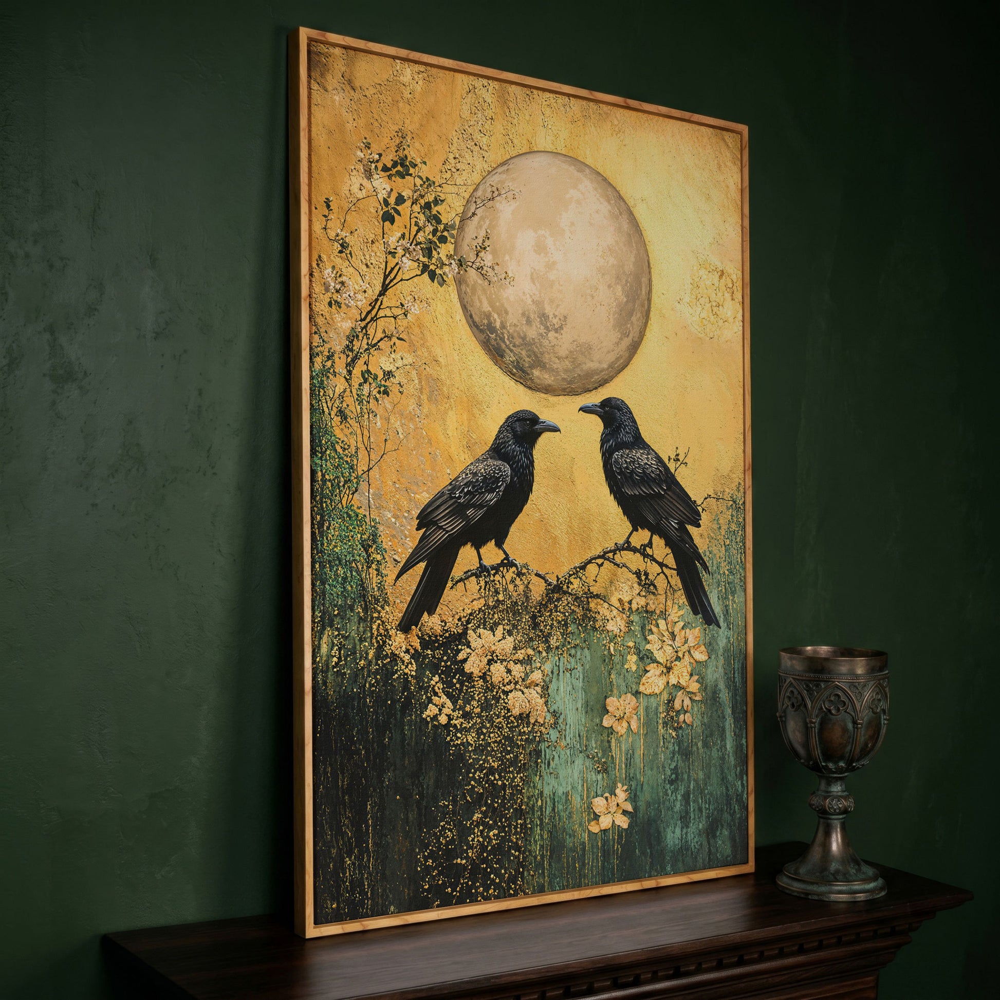 Two Ravens on a Branch, Full Moon Canvas Wall Art in white oak floating frame