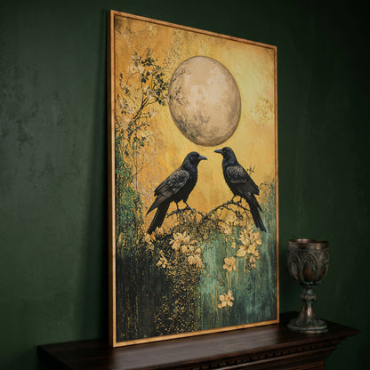 Two Ravens on a Branch, Full Moon Canvas Wall Art in white oak floating frame