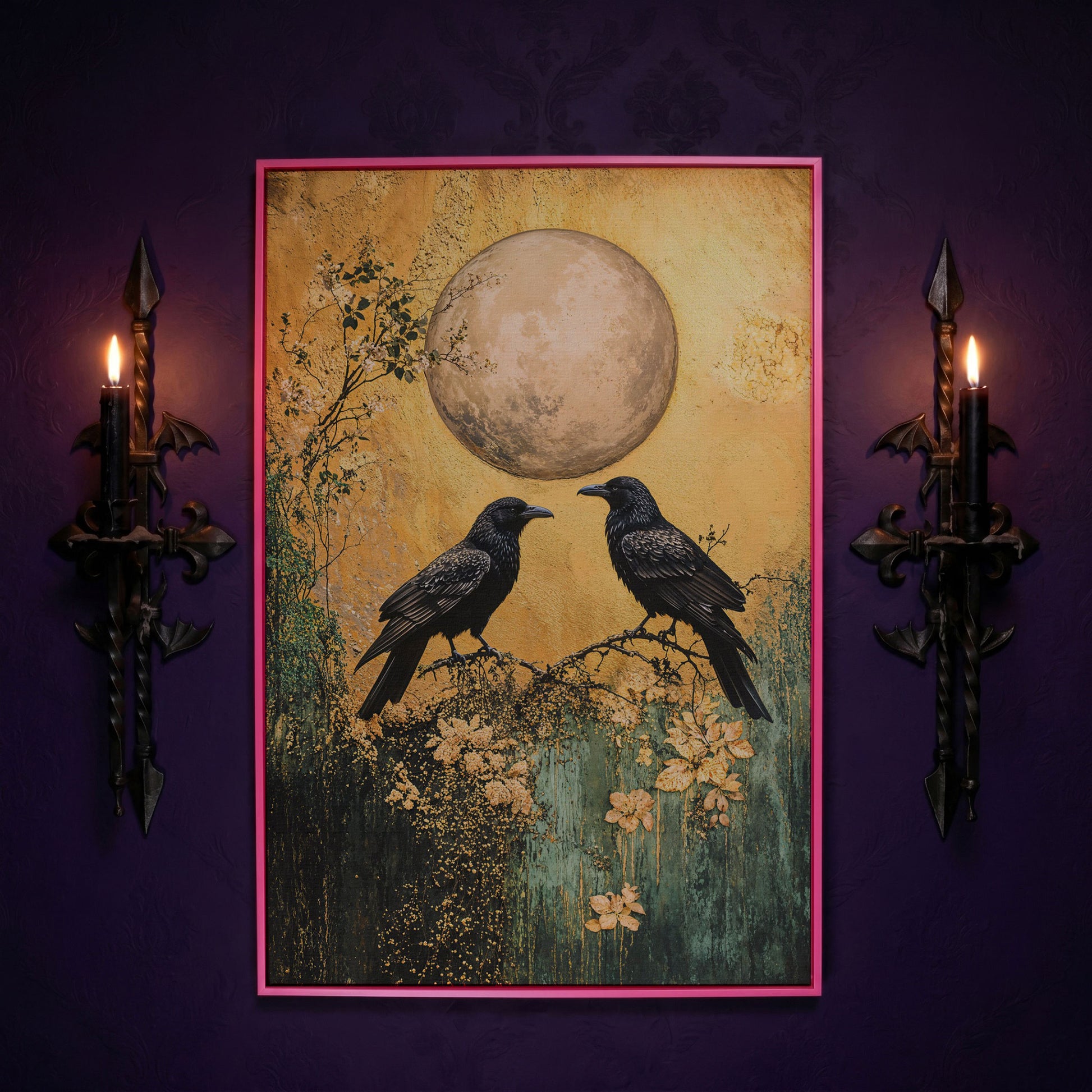 Two Ravens on a Branch, Full Moon Canvas Wall Art in pink floating frame