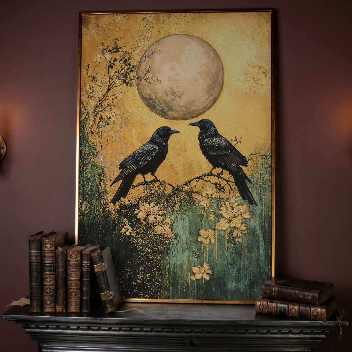 Two Ravens on a Branch, Full Moon Canvas Wall Art in rose gold floating frame