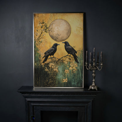 Two Ravens on a Branch, Full Moon Canvas Wall Art in silver floating frame