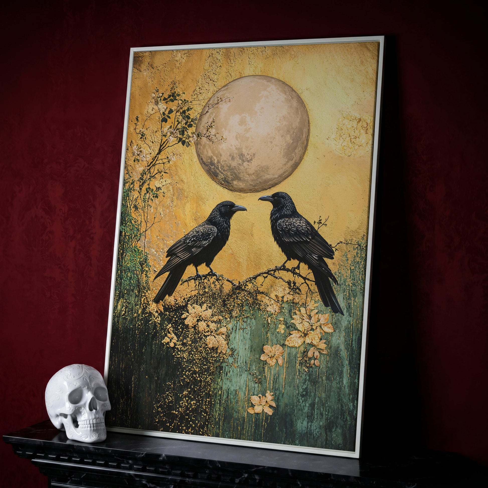 Two Ravens on a Branch, Full Moon Canvas Wall Art in white floating frame
