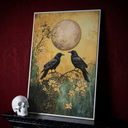 Two Ravens on a Branch, Full Moon Canvas Wall Art in white floating frame