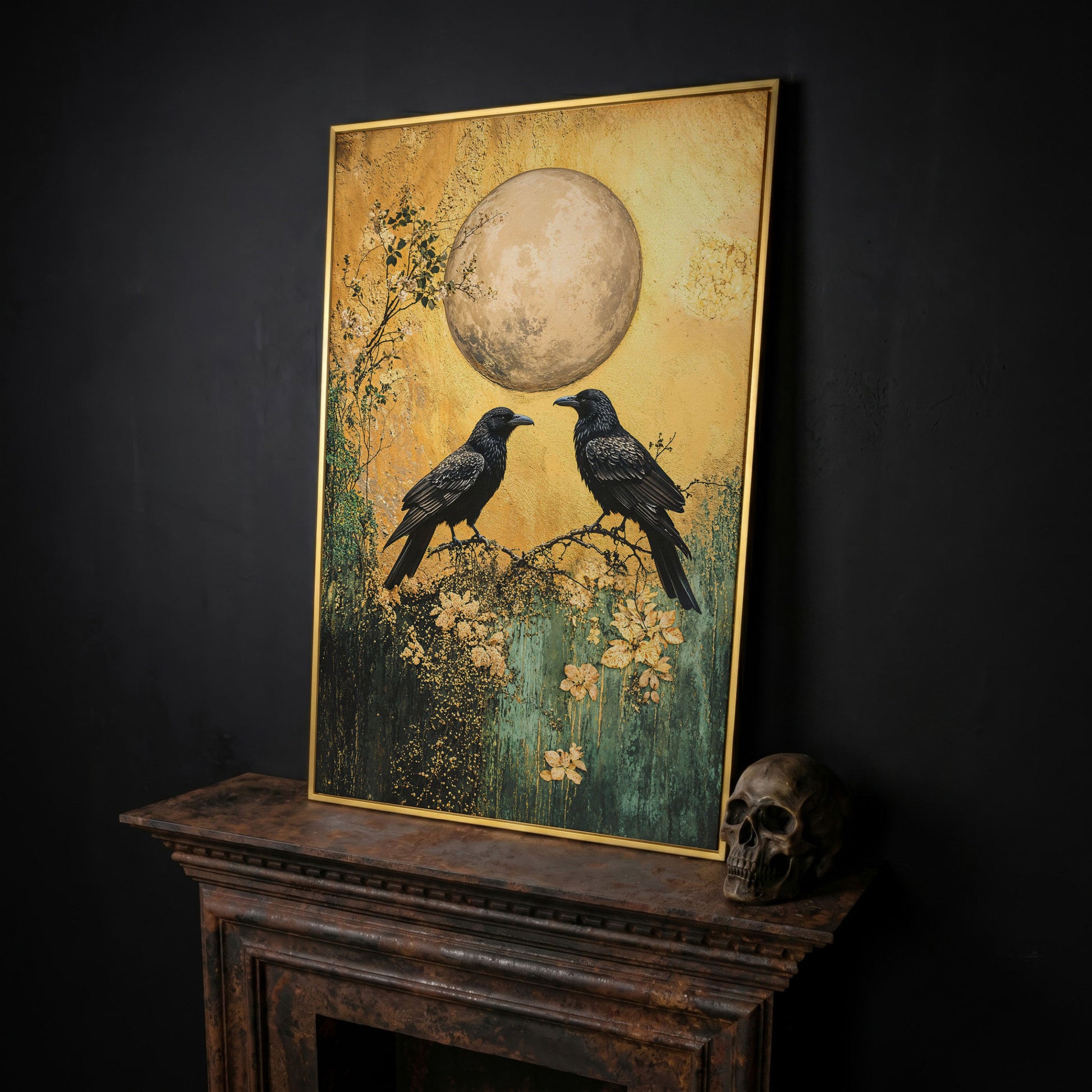 Two Ravens on a Branch, Full Moon Canvas Wall Art in yellow gold floating frame