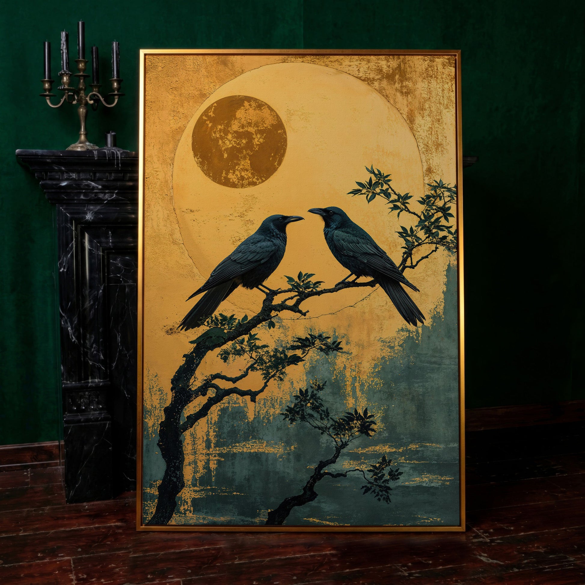 Raven on Branch with Moon Canvas Print in antique gold floating frame