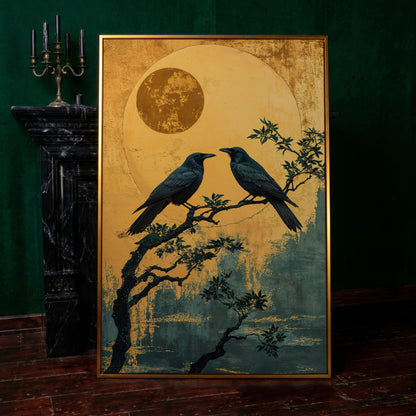 Raven on Branch with Moon Canvas Print in antique gold floating frame