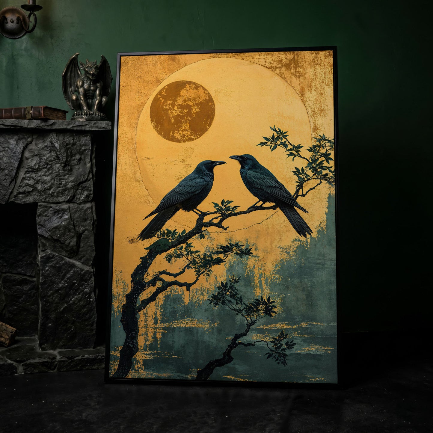 Raven on Branch with Moon Canvas Print in black floating frame