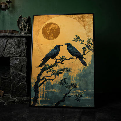 Raven on Branch with Moon Canvas Print in black floating frame