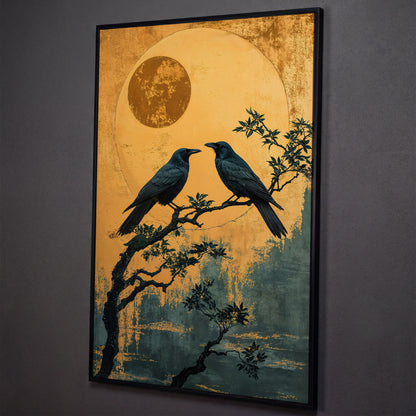 Raven on Branch with Moon Canvas Print shown in black floating frame