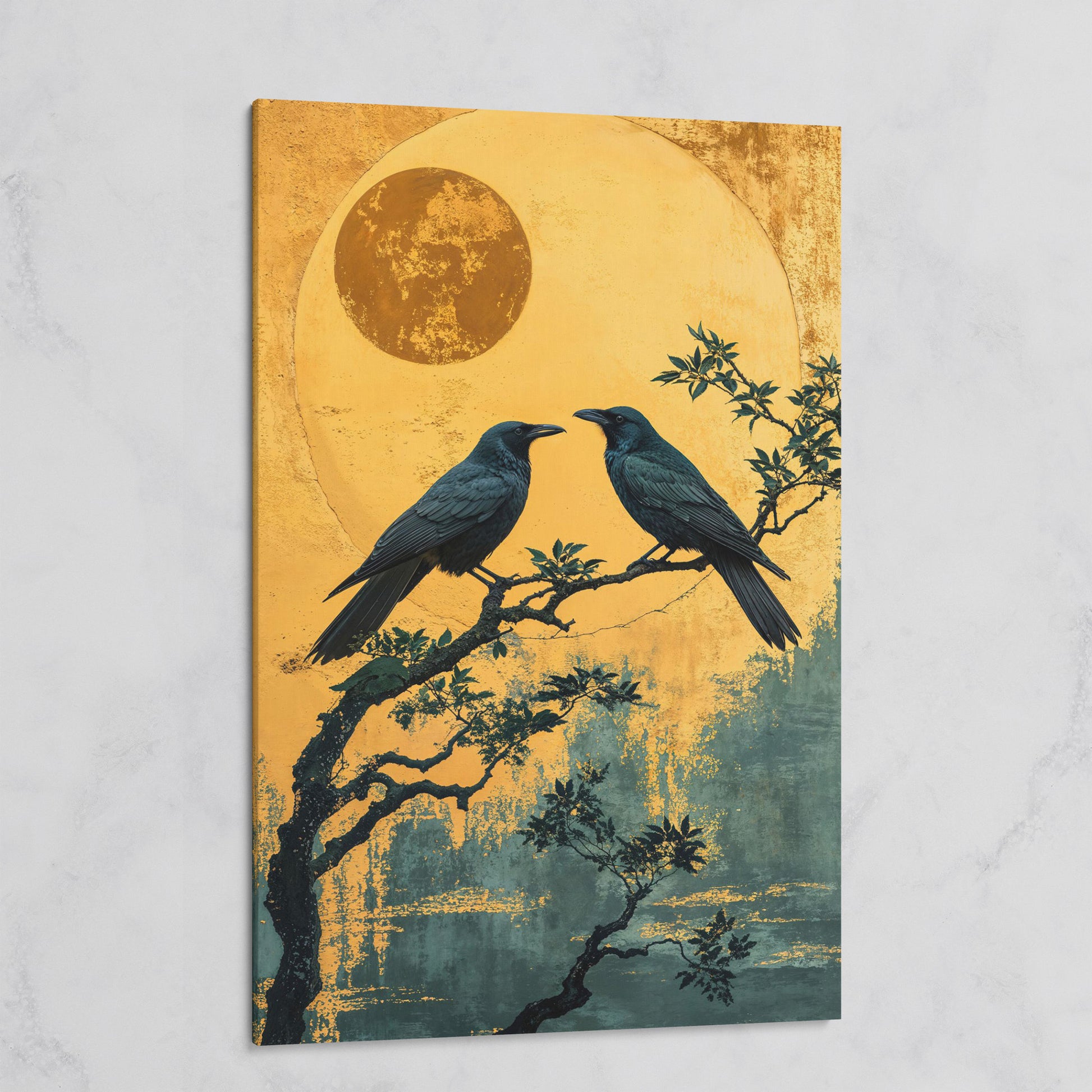 Raven on Branch with Moon Canvas Print on gallery wrap