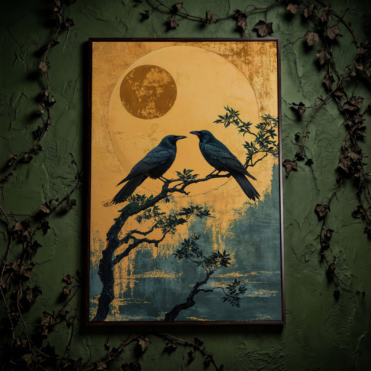 Raven on Branch with Moon Canvas Print in dark walnut floating frame