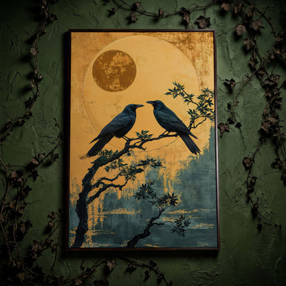 Raven on Branch with Moon Canvas Print in dark walnut floating frame