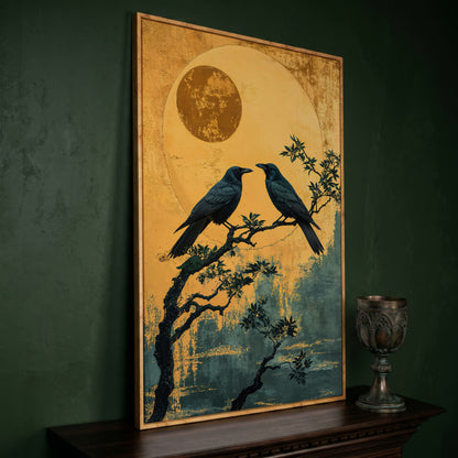 Raven on Branch with Moon Canvas Print in white oak floating frame