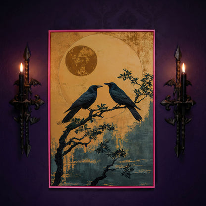 Raven on Branch with Moon Canvas Print in pink floating frame