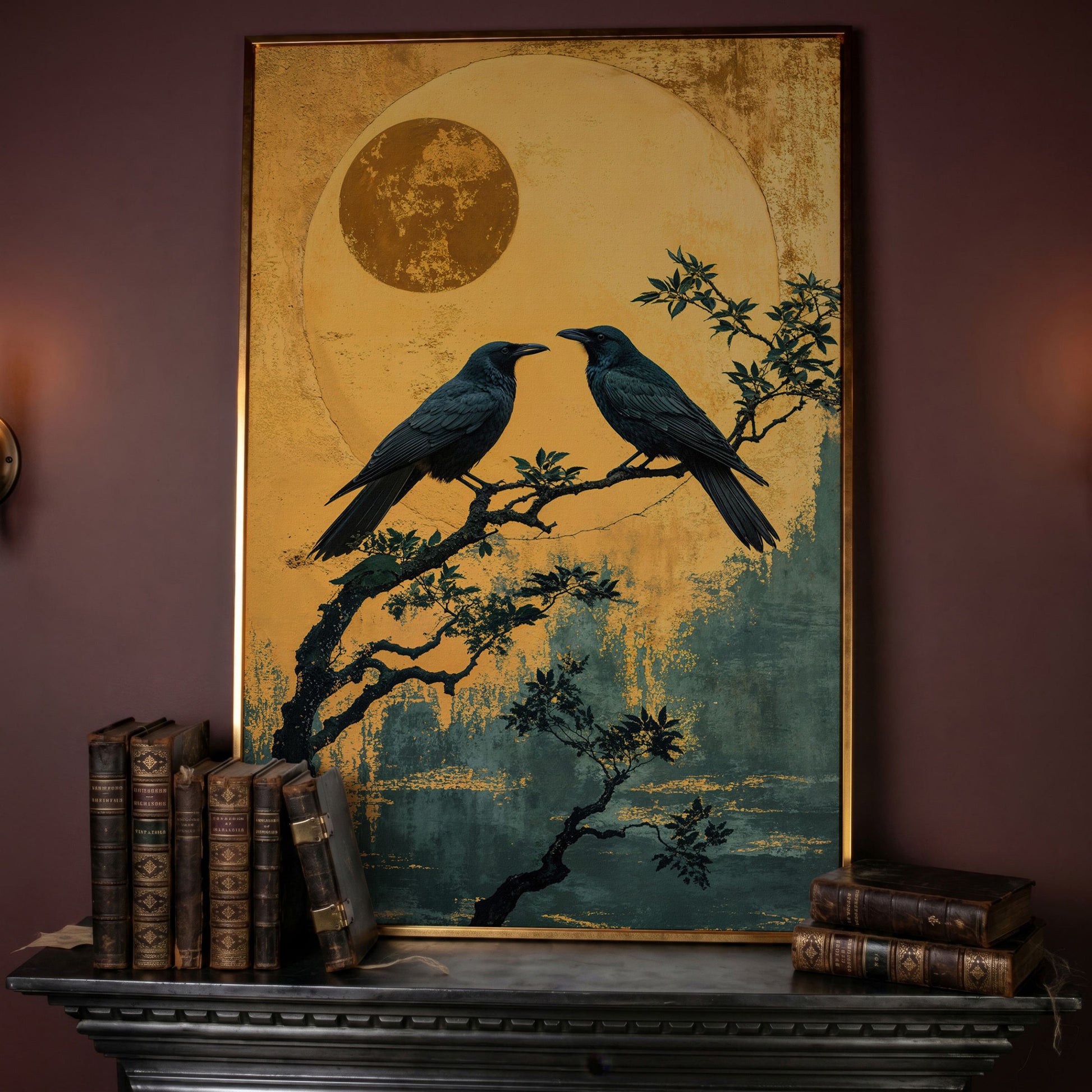 Raven on Branch with Moon Canvas Print in rose gold floating frame