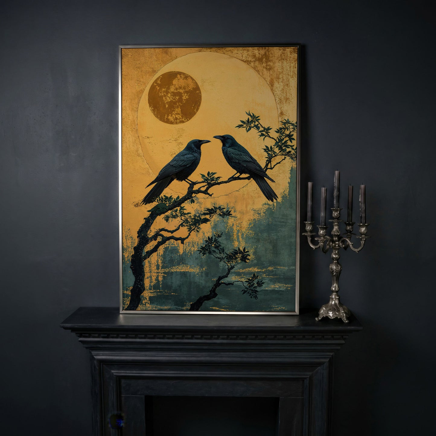 Raven on Branch with Moon Canvas Print in silver floating frame