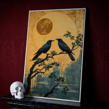 Raven on Branch with Moon Canvas Print in white floating frame