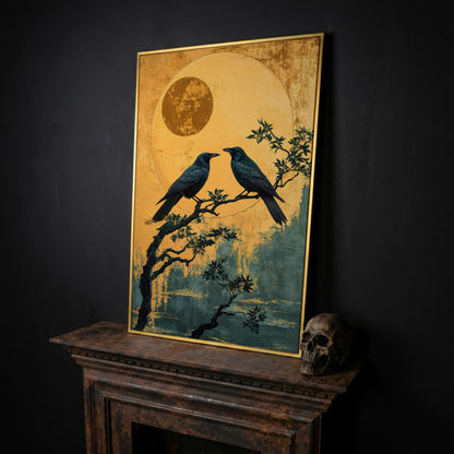 Raven on Branch with Moon Canvas Print in yellow gold floating frame
