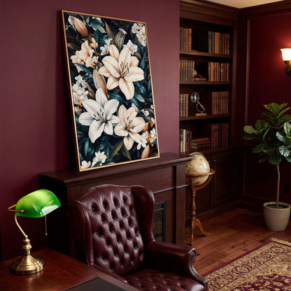 Lilies on Navy Canvas Wall Art in antique gold floating frame