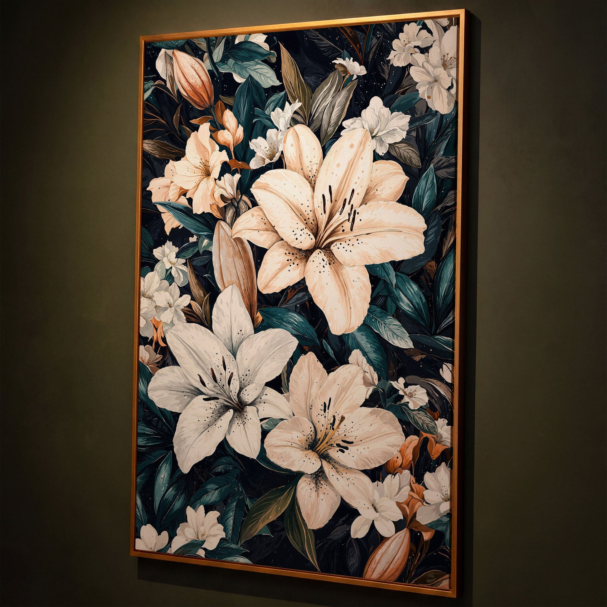 Lilies on Navy Canvas Wall Art shown in antique gold floating frame
