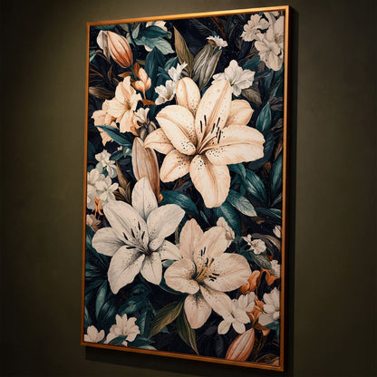 Lilies on Navy Canvas Wall Art shown in antique gold floating frame