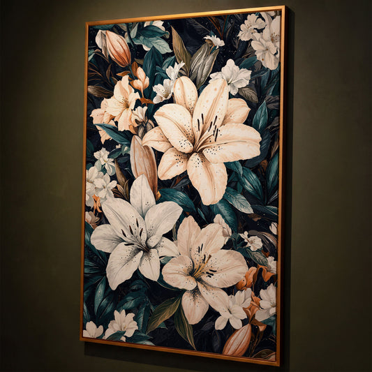 Lilies on Navy Canvas Wall Art shown in antique gold floating frame