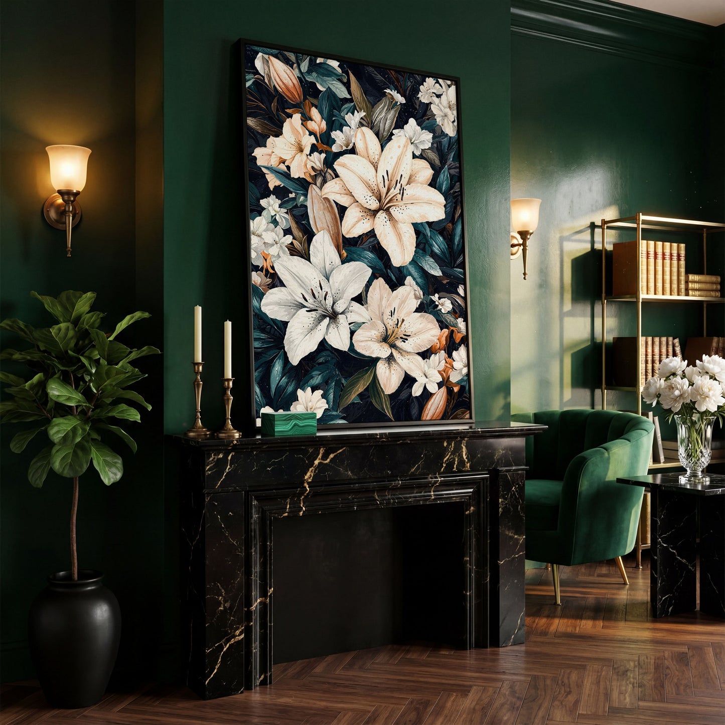 Lilies on Navy Canvas Wall Art in black floating frame