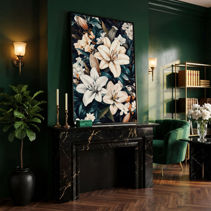Lilies on Navy Canvas Wall Art in black floating frame