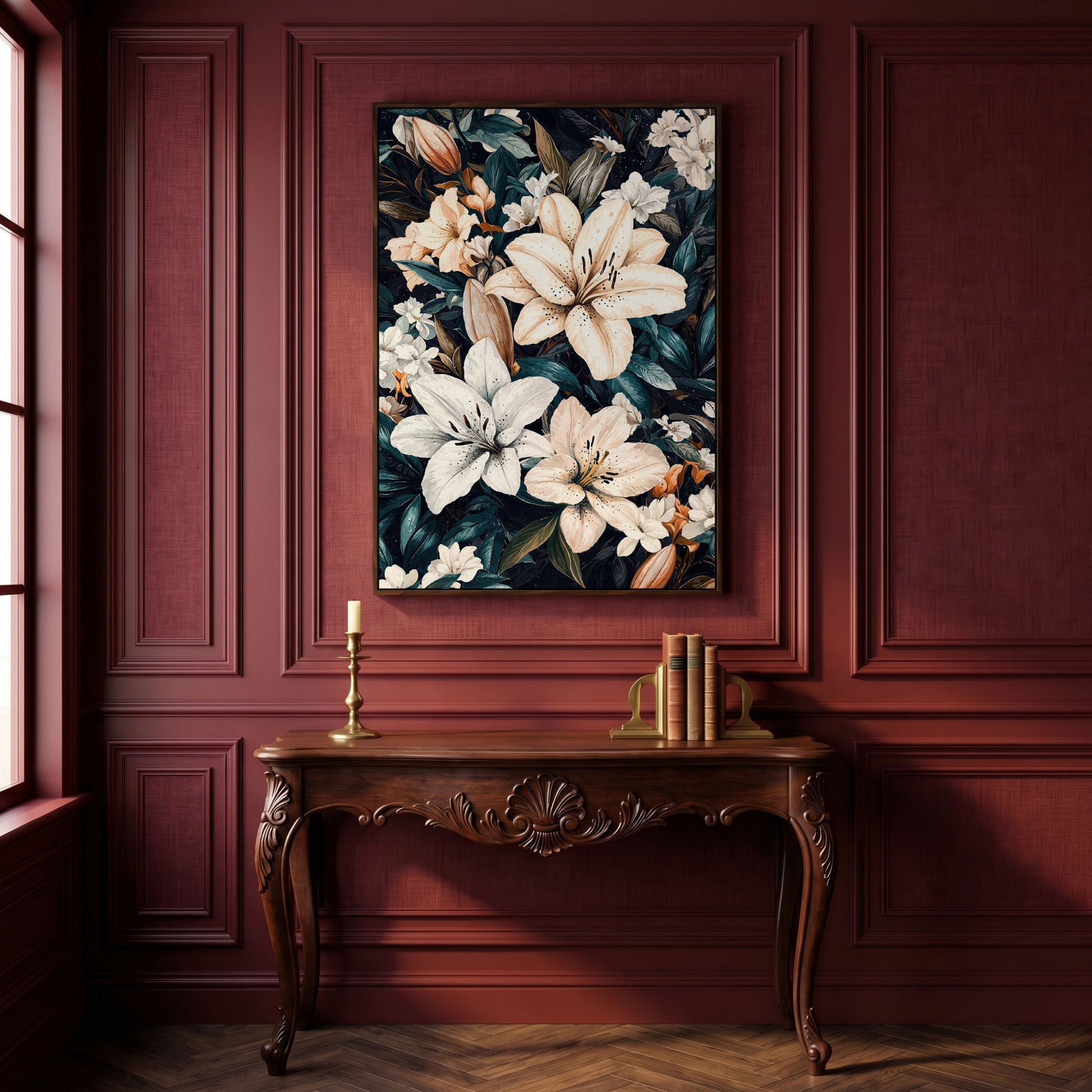 Lilies on Navy Canvas Wall Art in dark walnut floating frame