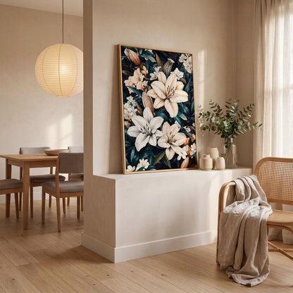 Lilies on Navy Canvas Wall Art in white oak floating frame