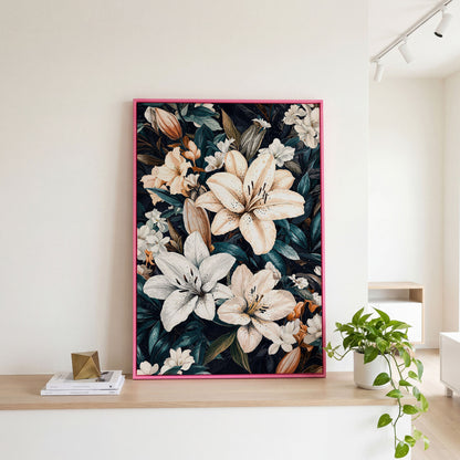 Lilies on Navy Canvas Wall Art in pink floating frame