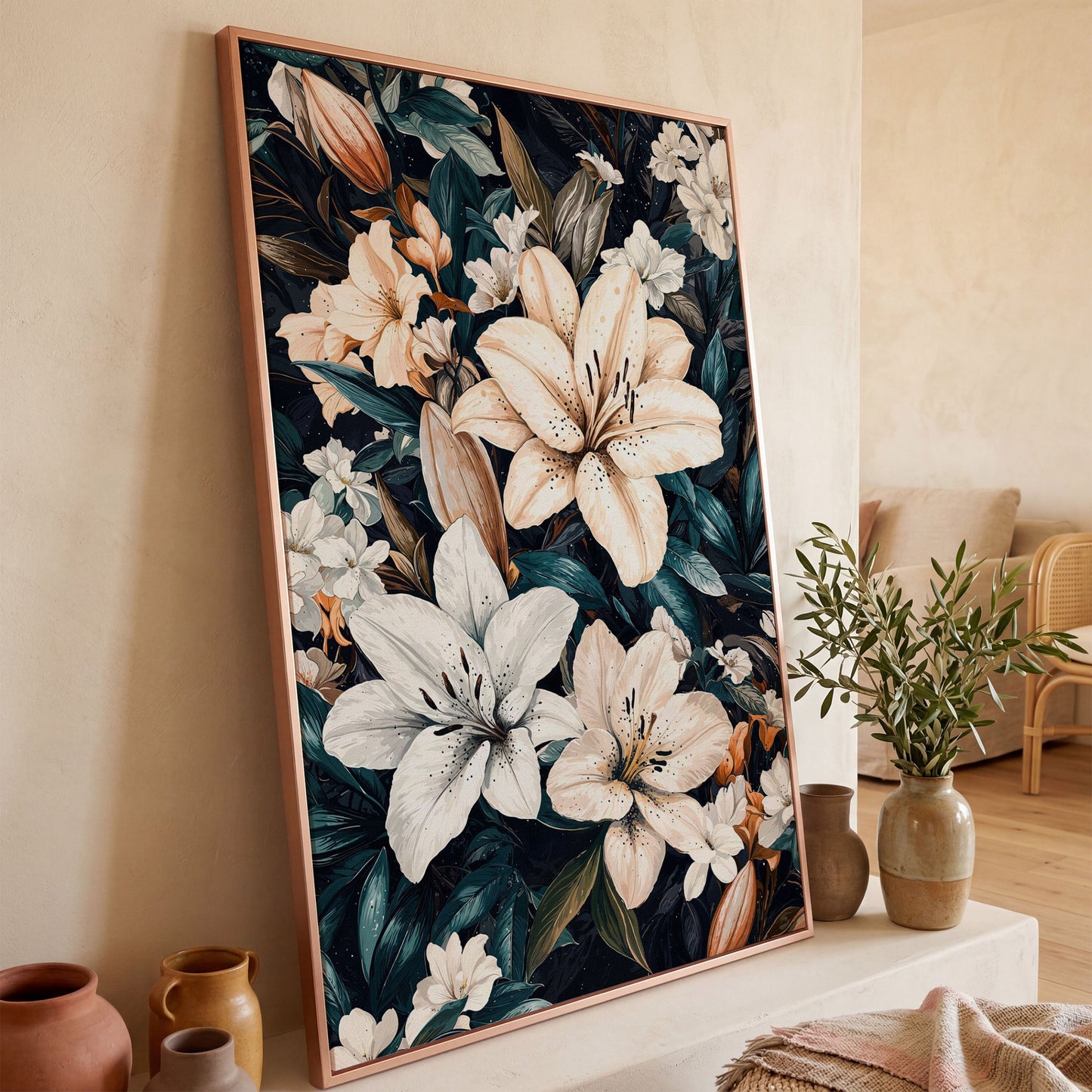 Lilies on Navy Canvas Wall Art in rose gold floating frame