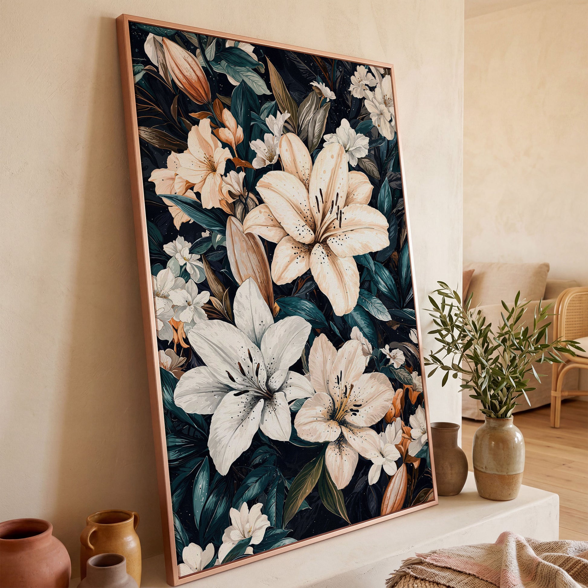 Lilies on Navy Canvas Wall Art in rose gold floating frame
