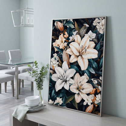 Lilies on Navy Canvas Wall Art in silver floating frame
