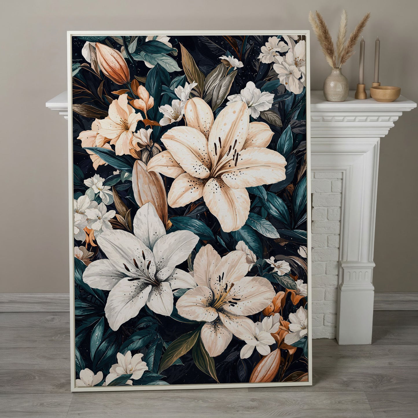 Lilies on Navy Canvas Wall Art in white floating frame