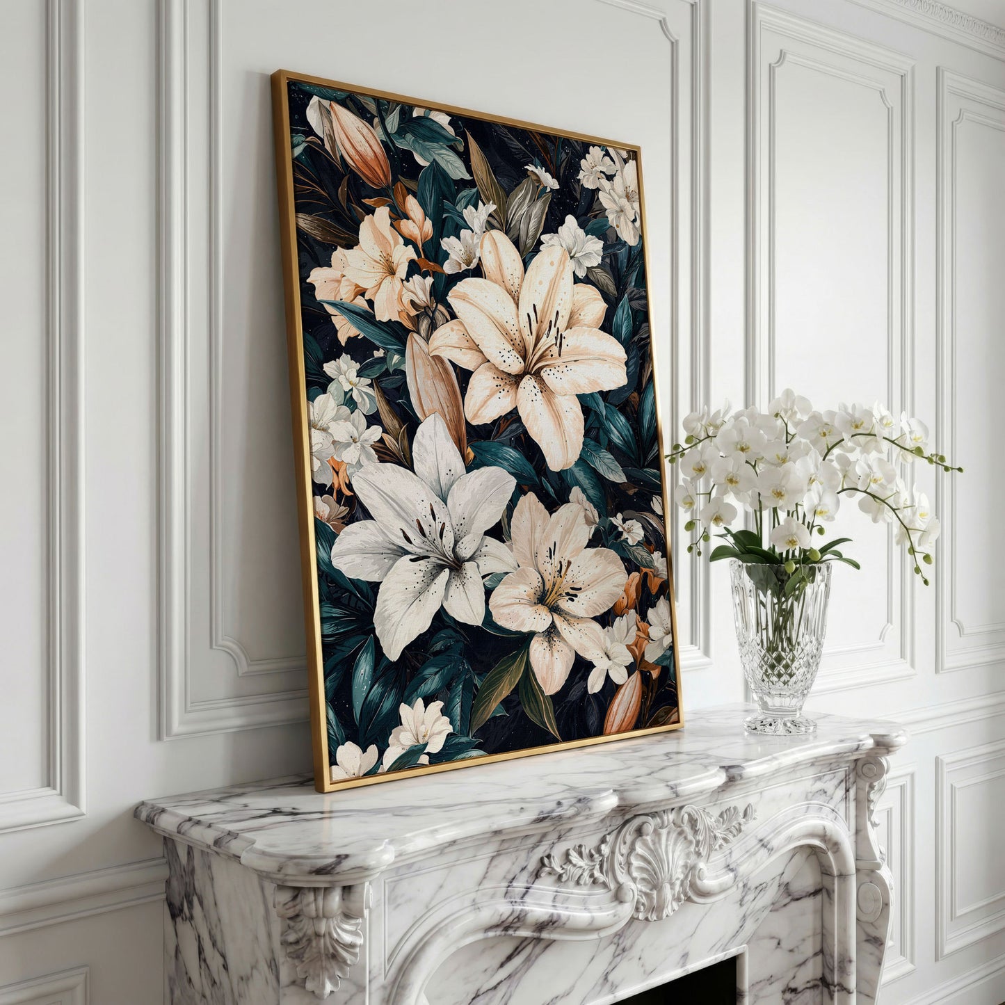 Lilies on Navy Canvas Wall Art in yellow gold floating frame