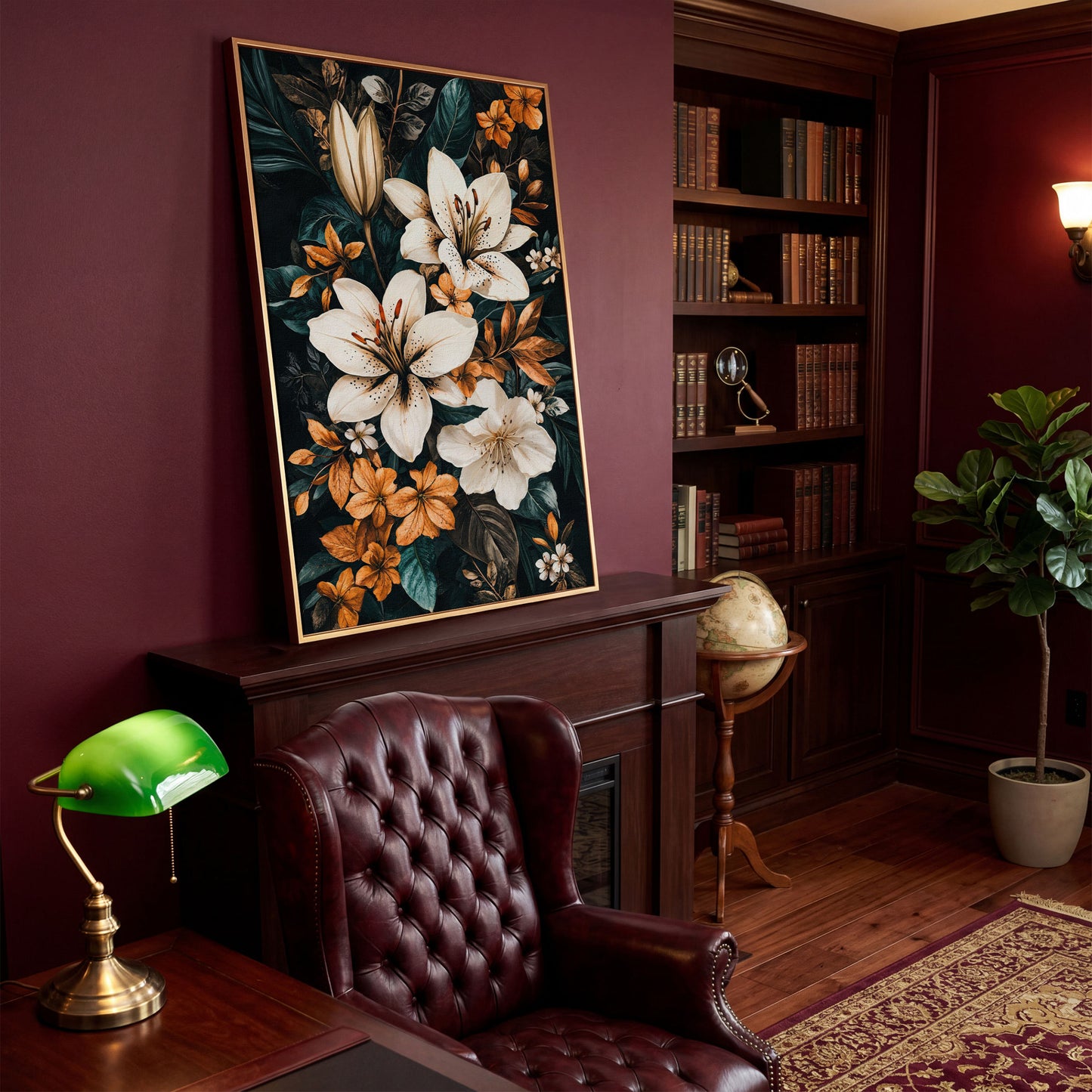 White Lilies on Navy Canvas Print in antique gold floating frame